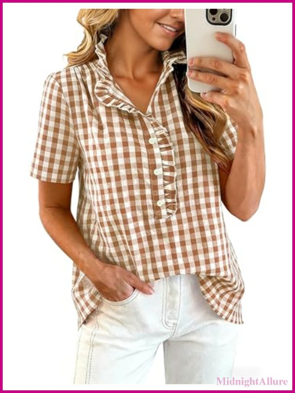 Women's Gingham Short Sleeve V-Neck Ruffle Blouse Cotton Top